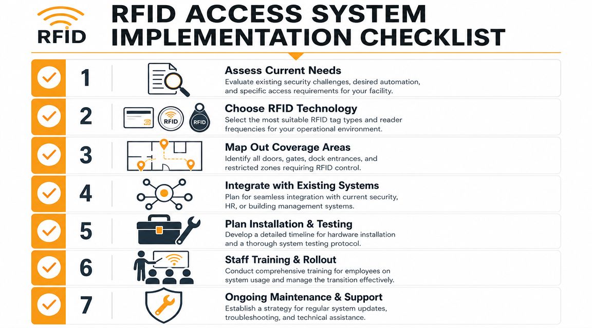 A checklist infographic illustrating seven steps for implementing an RFID access control system in a facility.