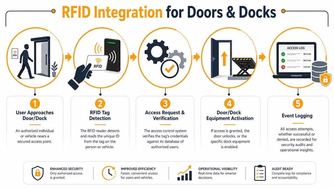 A five-step infographic showing how an RFID access control system works for doors and loading docks.