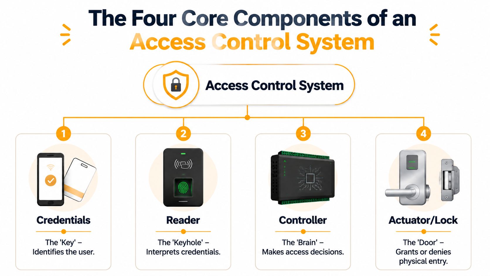 An infographic showing the four core components of an access control system including credentials, reader, controller, and lock.