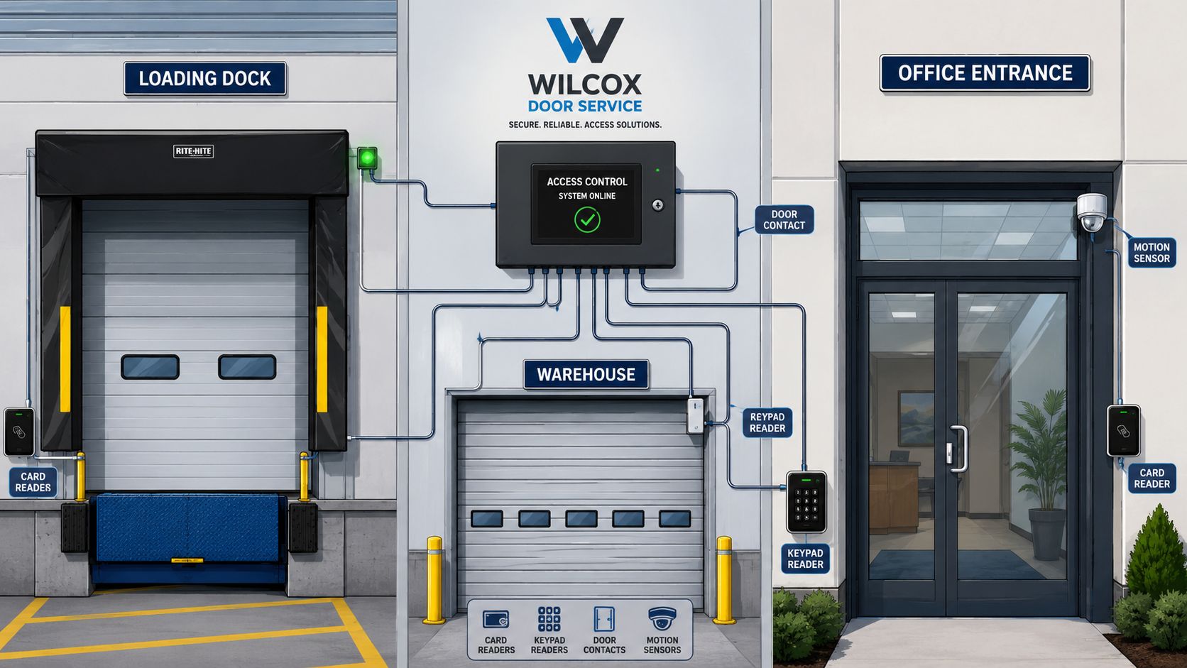 A diagram illustrating a comprehensive access control system for a warehouse, loading dock, and office entrance.