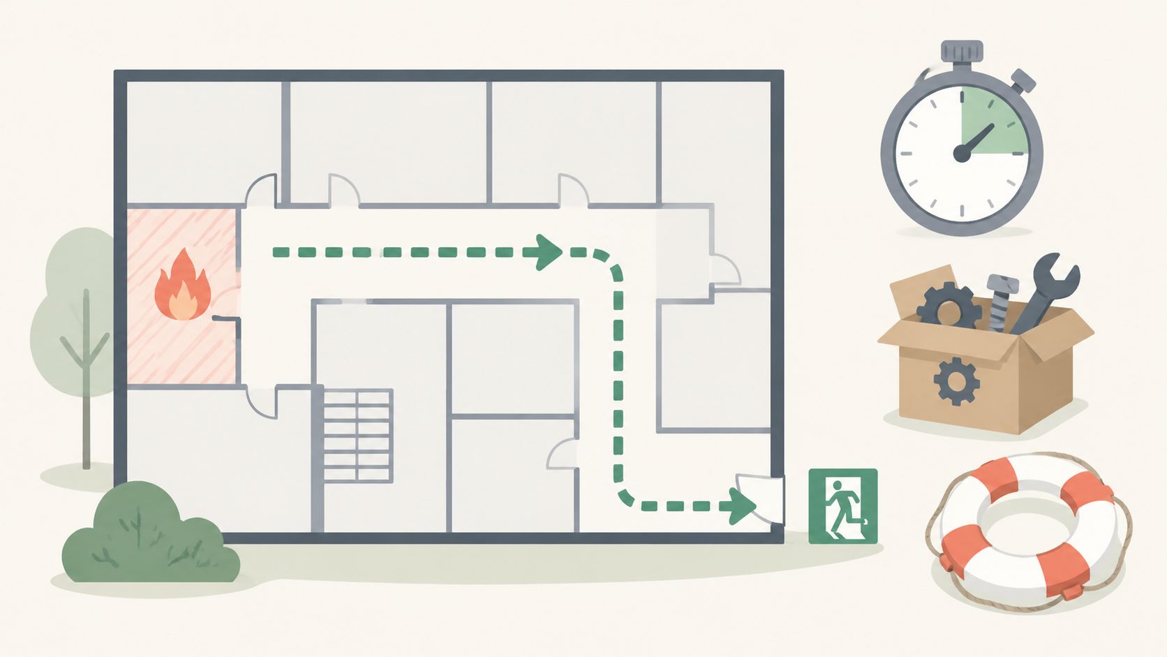 A floor plan showing an evacuation route from a fire, next to icons representing time, tools, and safety.