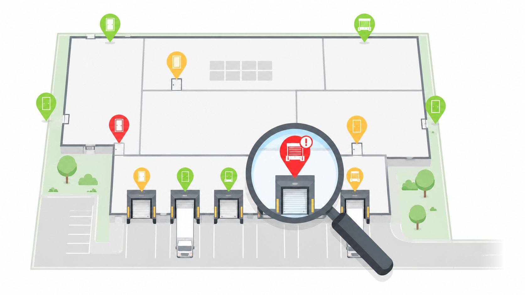 A digital map showing a warehouse facility with various status indicators on doors and loading docks.