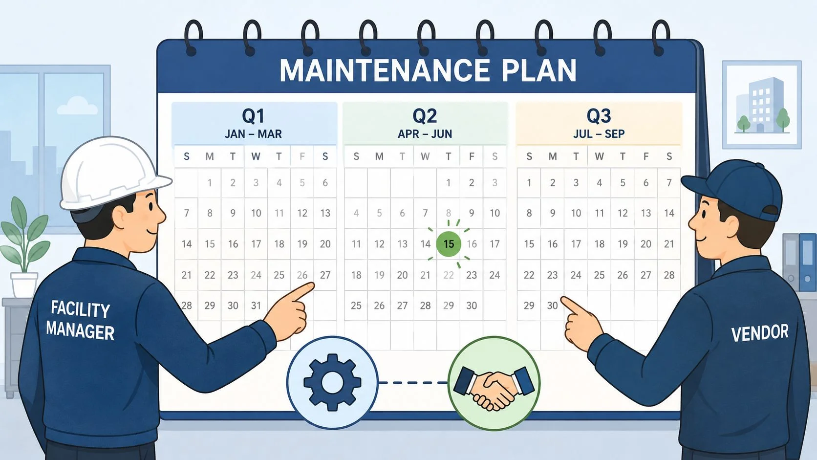A facility manager and a vendor reviewing a maintenance plan calendar for collaboration and scheduled repairs.
