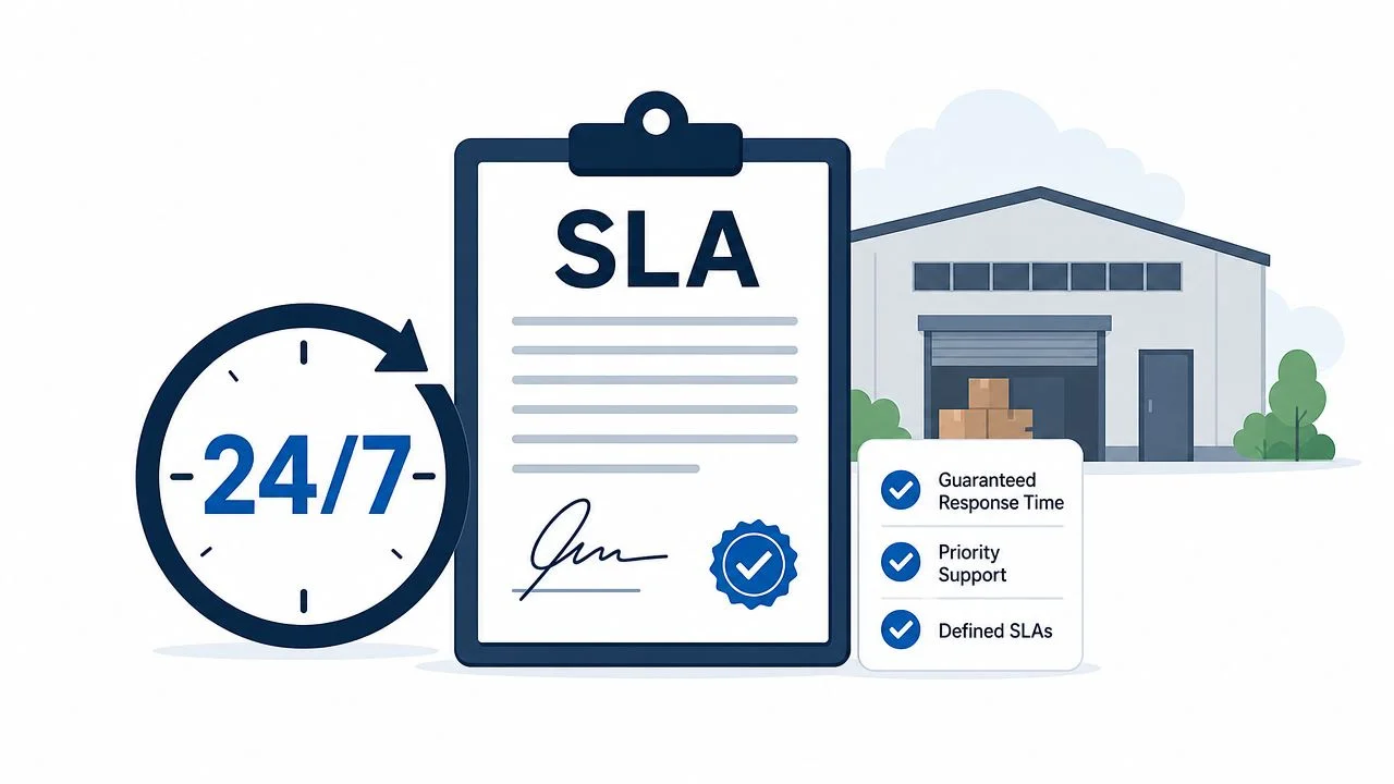 A professional graphic representing a 24/7 service level agreement document with warehouse support and business benefits.