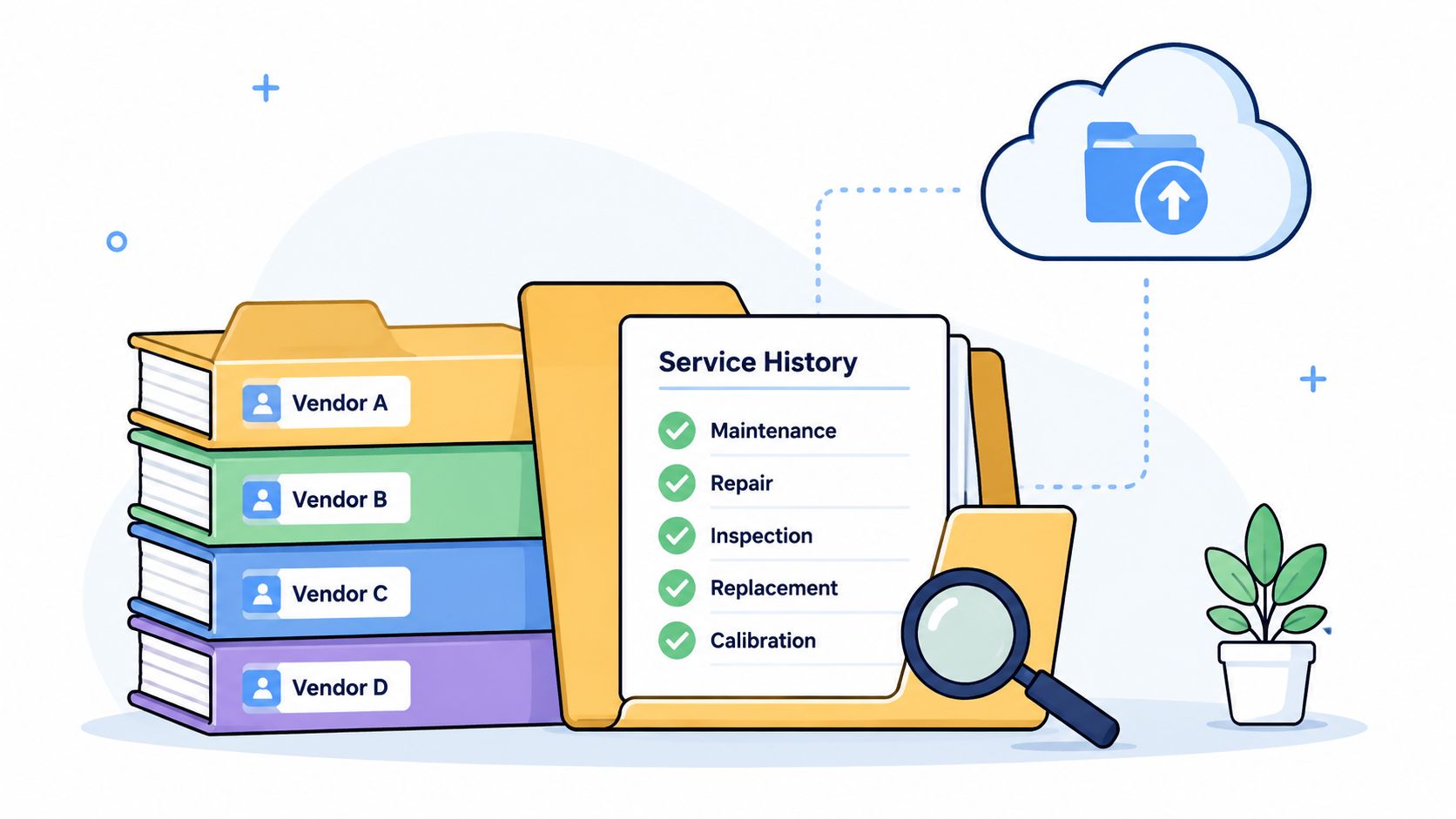 A folder illustration showing organized service history records for multiple vendors with cloud upload integration.