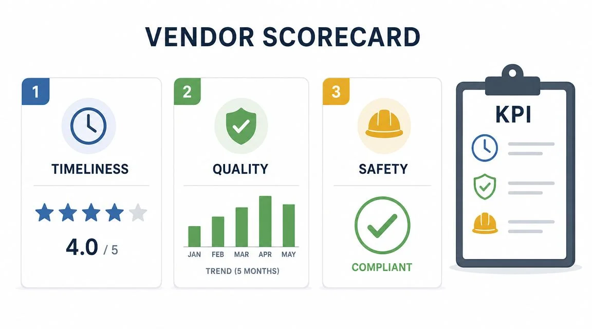 A vendor scorecard infographic showing metrics for timeliness, quality, and safety with a summary KPI clipboard.