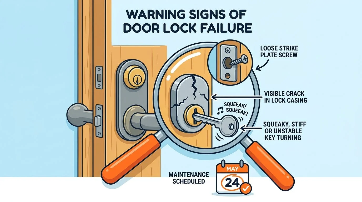 An illustration showing three warning signs of a failing door lock including loose screws, cracks, and stiff turning.