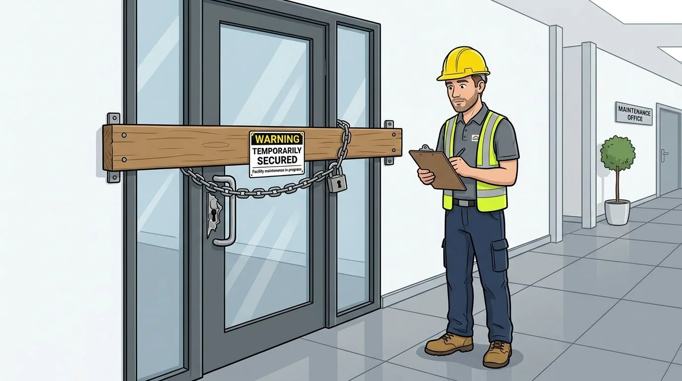 A maintenance worker with a clipboard checks a building door secured with a wooden board and chain.