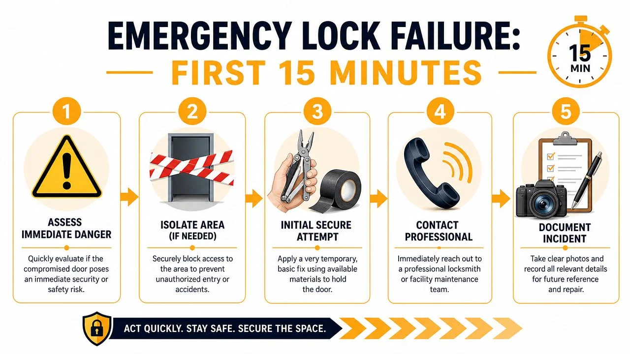 A step-by-step infographic titled Emergency Lock Failure showing five instructions for securing a door quickly.