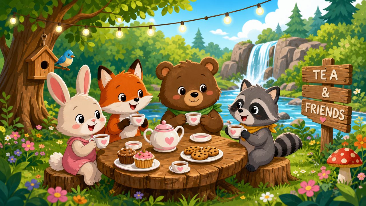 A cute cartoon illustration of woodland animals having a tea party outdoors near a scenic waterfall.