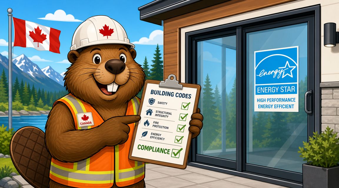 A friendly cartoon beaver wearing a construction vest holds a checklist confirming energy efficient patio door standards.