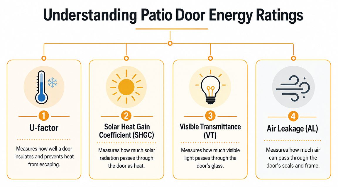 An infographic explaining four key energy ratings for patio doors including U-factor, SHGC, VT, and air leakage.