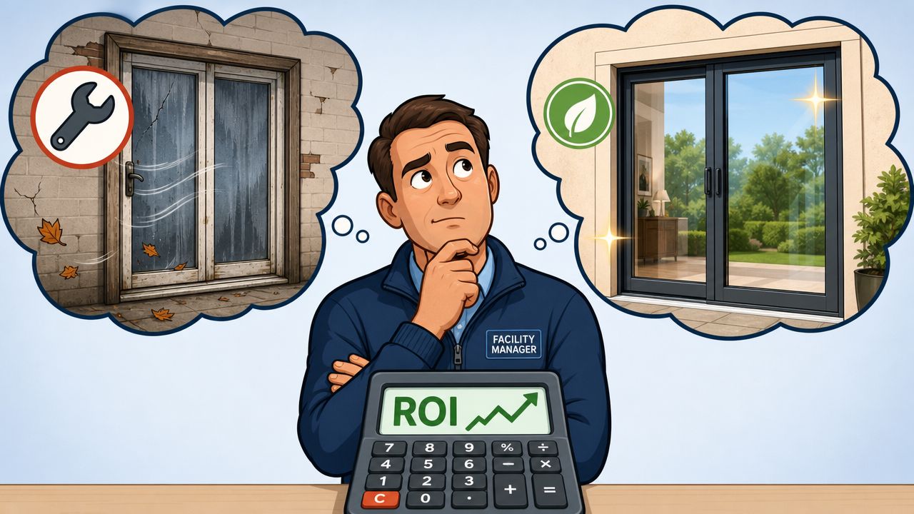 A facility manager contemplating the ROI of replacing damaged patio doors with new energy-efficient models.