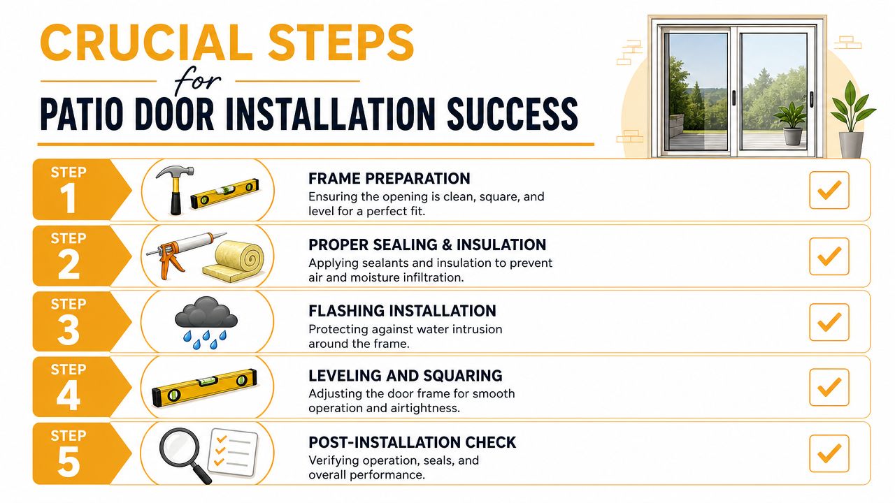 A helpful infographic showing five crucial steps for successful energy efficient patio door installation and maintenance.
