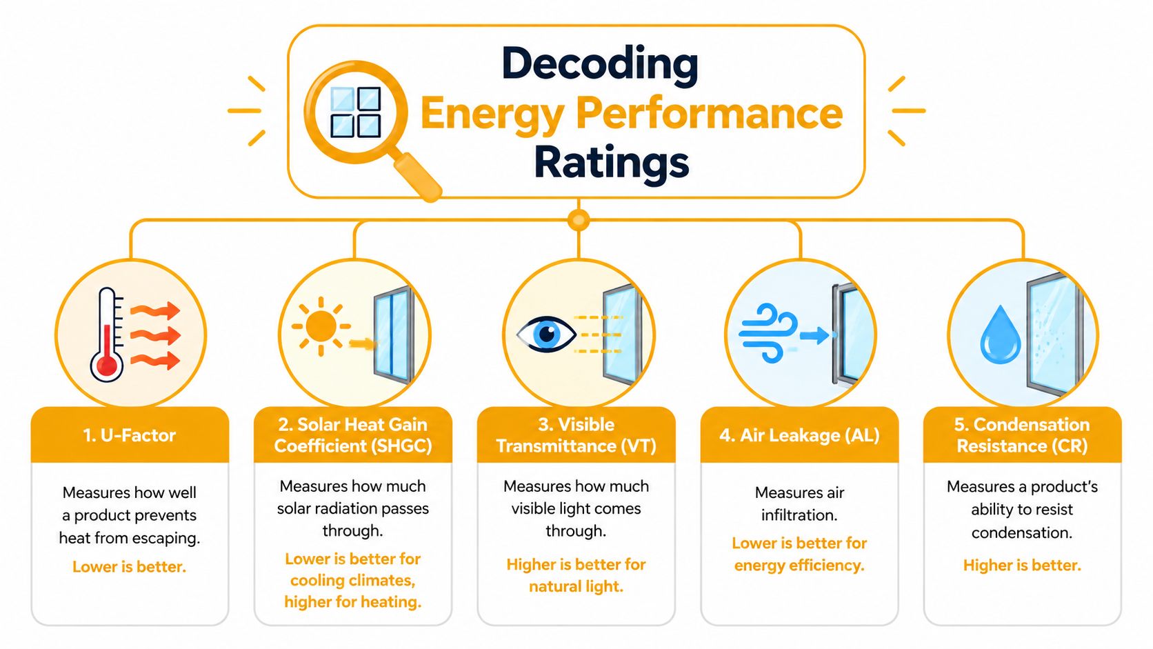 An infographic titled Decoding Energy Performance Ratings showing five window performance metrics for energy efficiency.