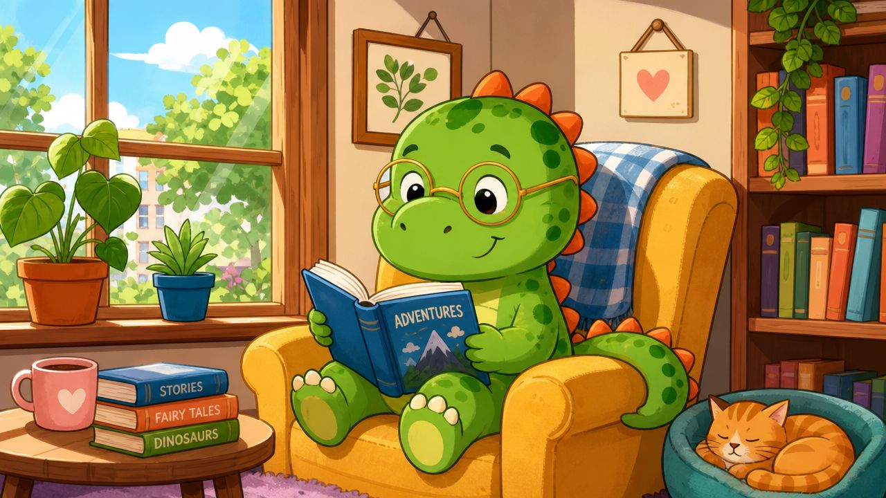 A cute green dinosaur reading an adventure book while sitting in a cozy yellow armchair near a window.