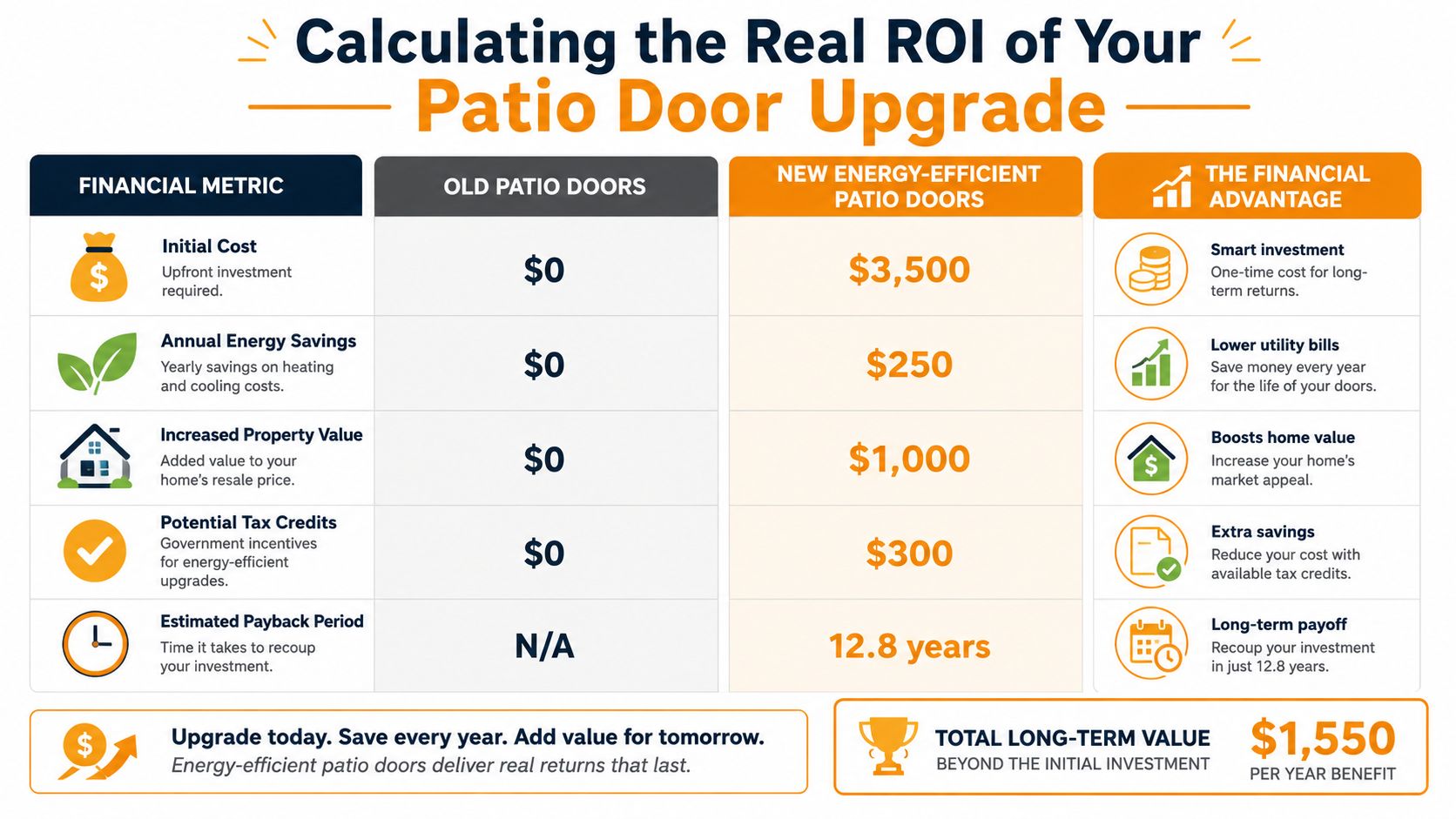 A comparison chart showing the financial benefits and return on investment of upgrading to energy efficient patio doors.