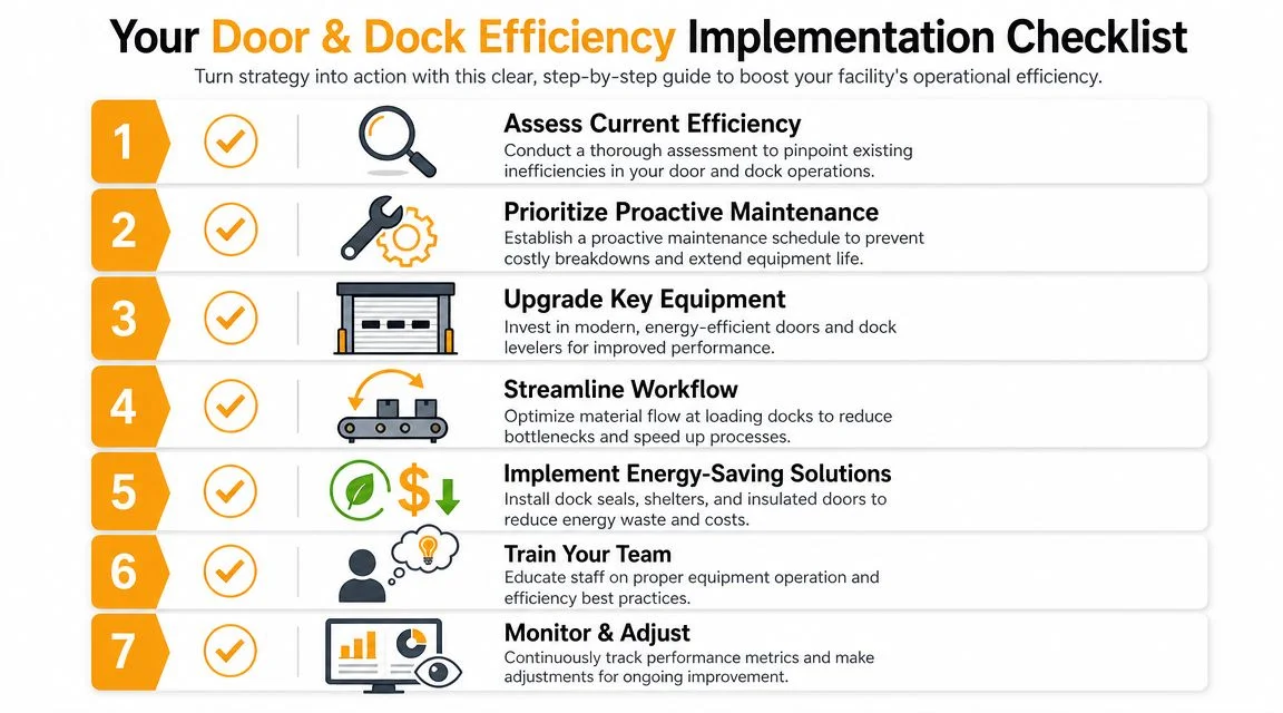 An infographic checklist for improving door and dock operational efficiency with seven actionable steps for facility management.
