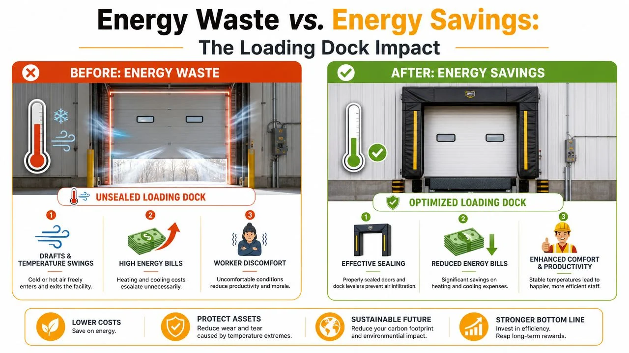 A comparison infographic showing an unsealed loading dock causing energy waste versus an optimized, sealed loading dock.