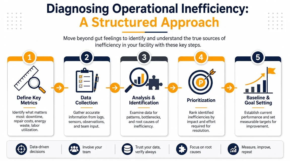 A five-step structured approach infographic for diagnosing and improving operational efficiency in a facility setting.