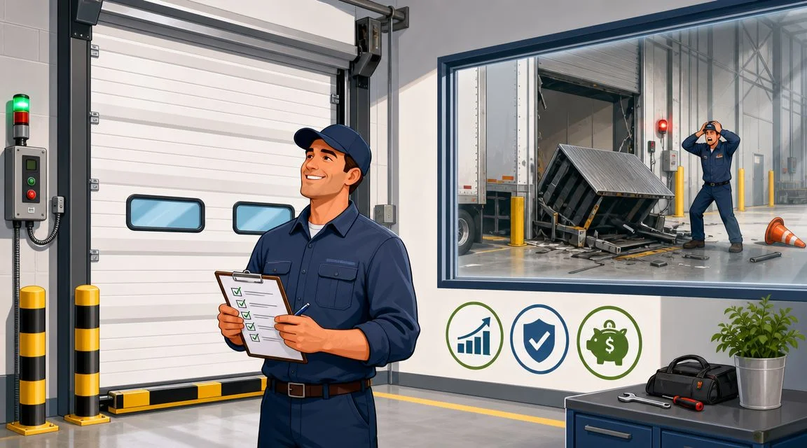 A technician holds a checklist with a safe warehouse in the foreground and a chaotic accident scene behind.