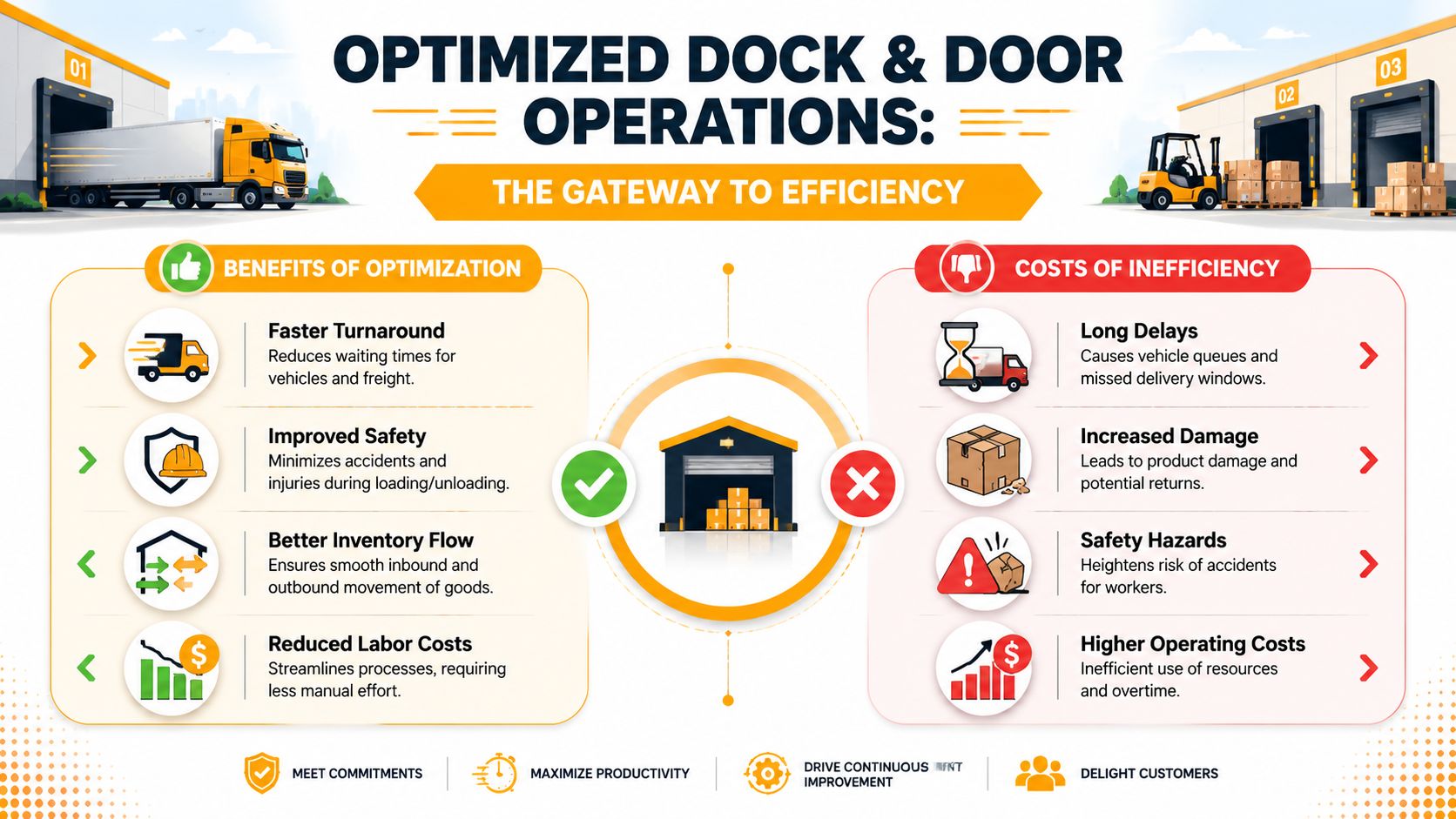 An infographic comparing the benefits of optimized dock and door operations against the costs of warehouse inefficiency.