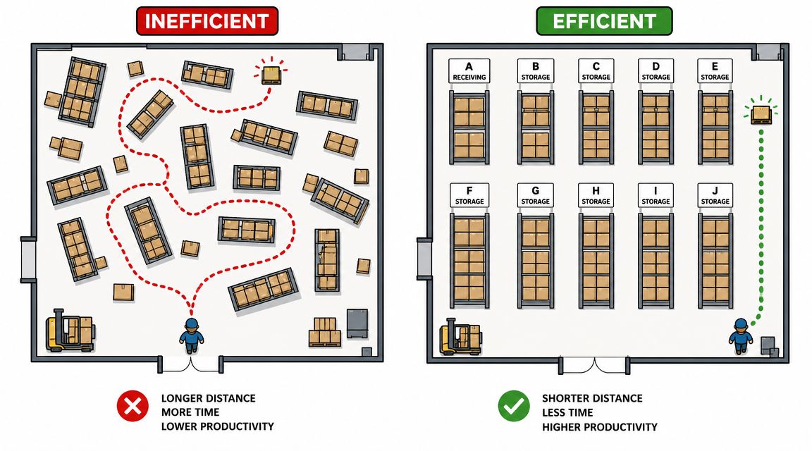A comparison showing an unorganized warehouse versus an organized, efficient warehouse layout for better workflow.