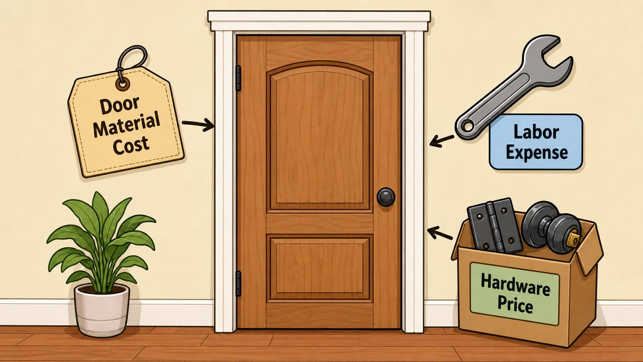 An illustration showing factors of an interior door installation cost, including material, labor, and hardware prices.