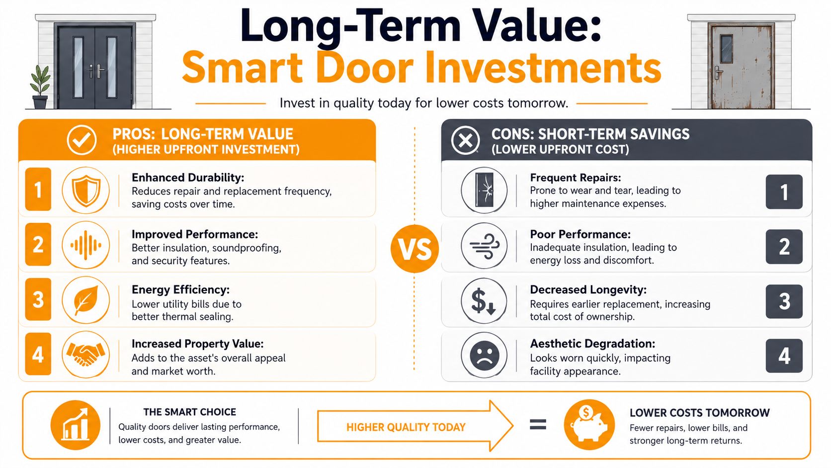 A comparison infographic showing the long-term benefits of quality doors versus the costs of cheap alternatives.