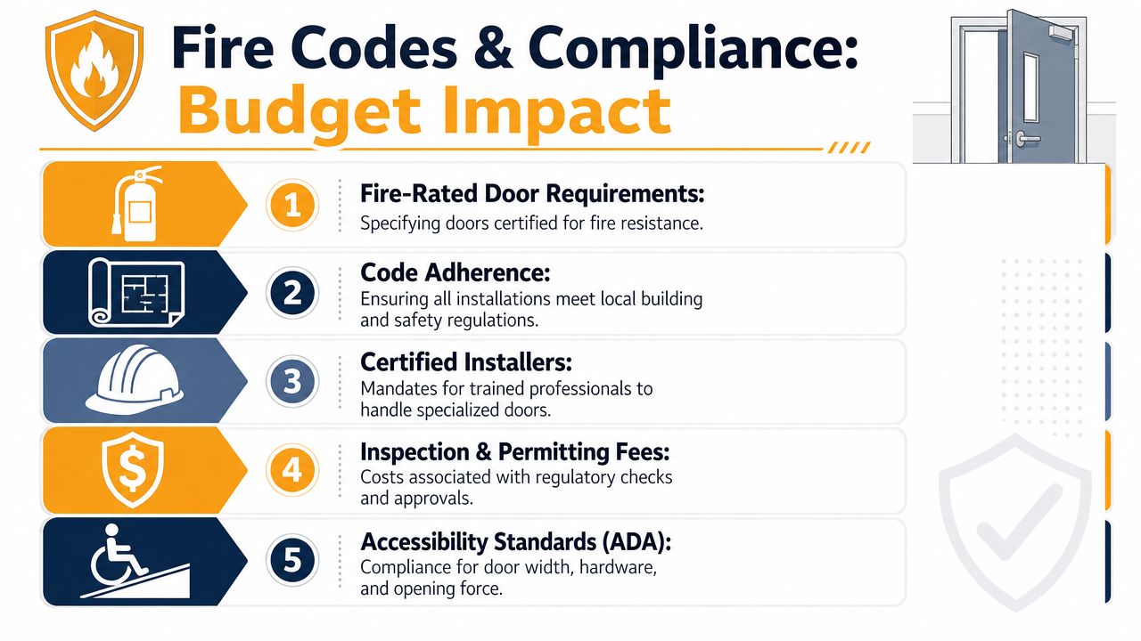 An infographic detailing five factors affecting the budget for fire-rated door compliance and installation.