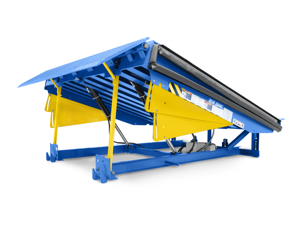 BLUE GIANT blue and yellow hydraulic dock with white background