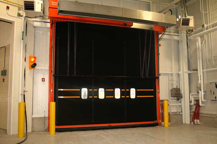 Large warehouse rubber door air barrier inside view