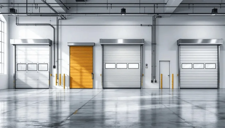 Different types of insulated roll up doors displayed in a showroom.