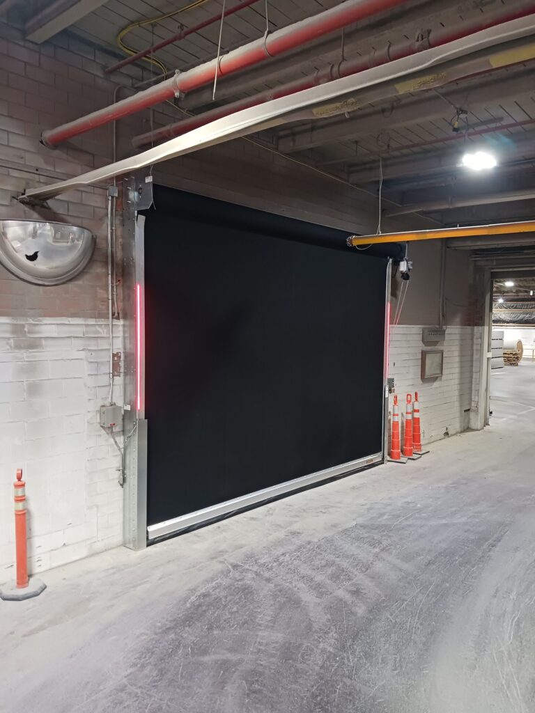 High-Speed Door with LED Safety System & Convex Mirror — Warehouse, Mississauga