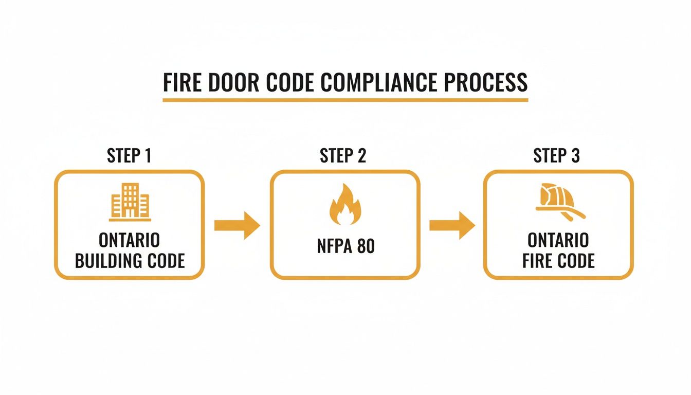 Diagram illustrating the fire door code compliance process involving Ontario Building Code, NFPA 80, and Ontario Fire Code.