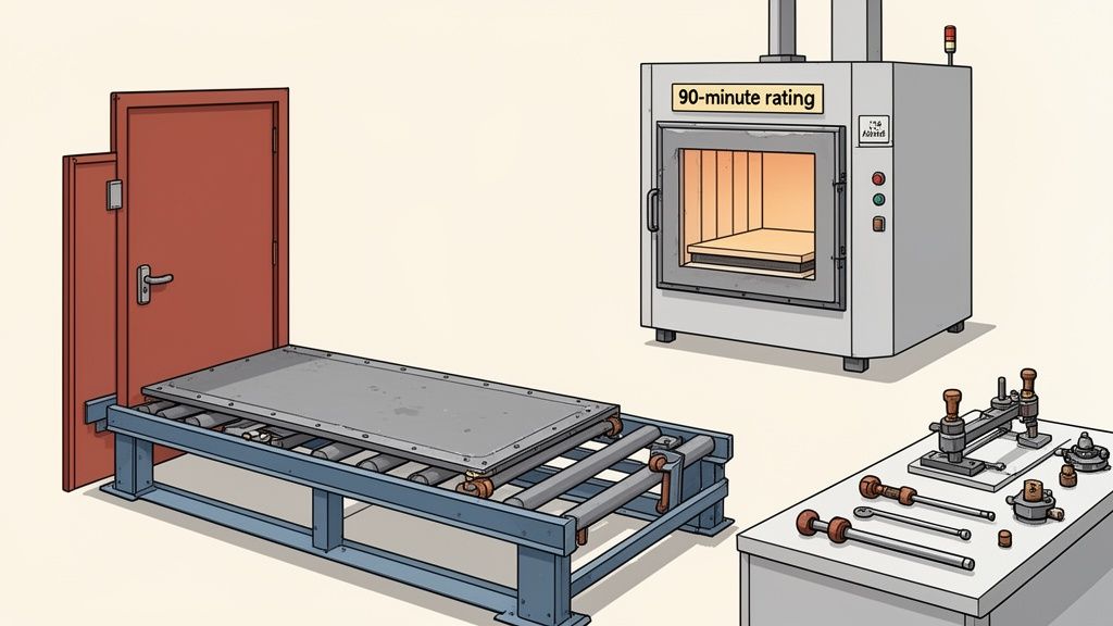A red fire door component on a roller conveyor next to a 90-minute rating industrial oven, with tools on a table.