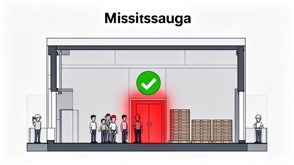 An illustration showing a building cross-section with a red door, a green checkmark, and people.
