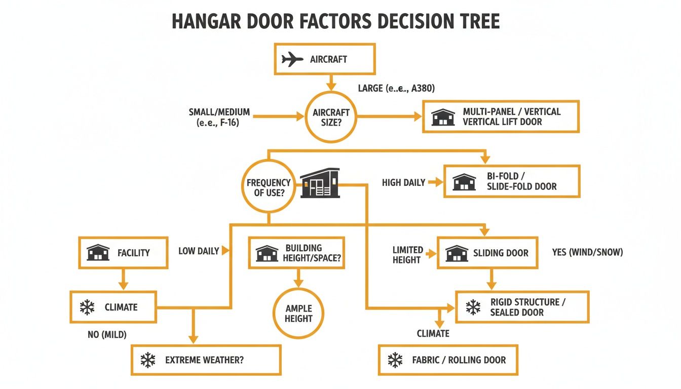 Decision tree illustrating factors for selecting aircraft hangar doors based on aircraft size, frequency of use, building, and climate.