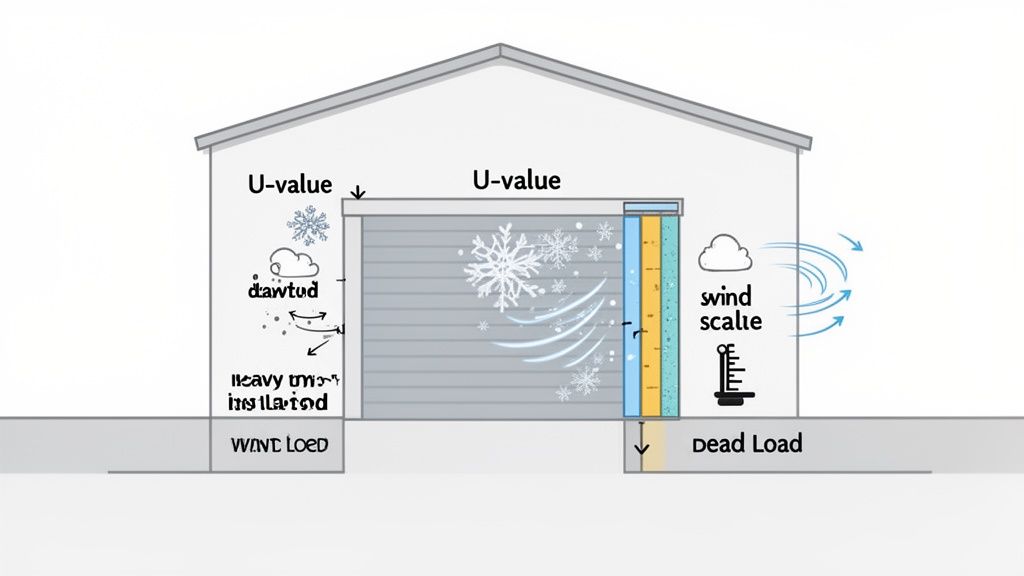 Diagram illustrating factors affecting an aircraft hangar or garage door's thermal performance in cold, windy conditions.