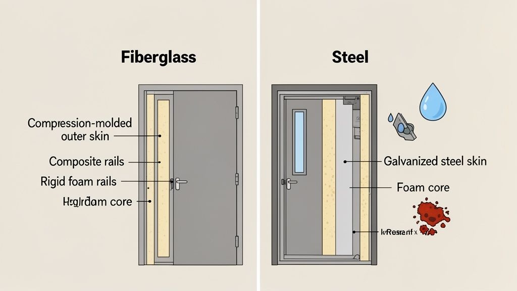 Cross-section comparison of fiberglass and steel doors, detailing internal construction, skins, rails, and cores.