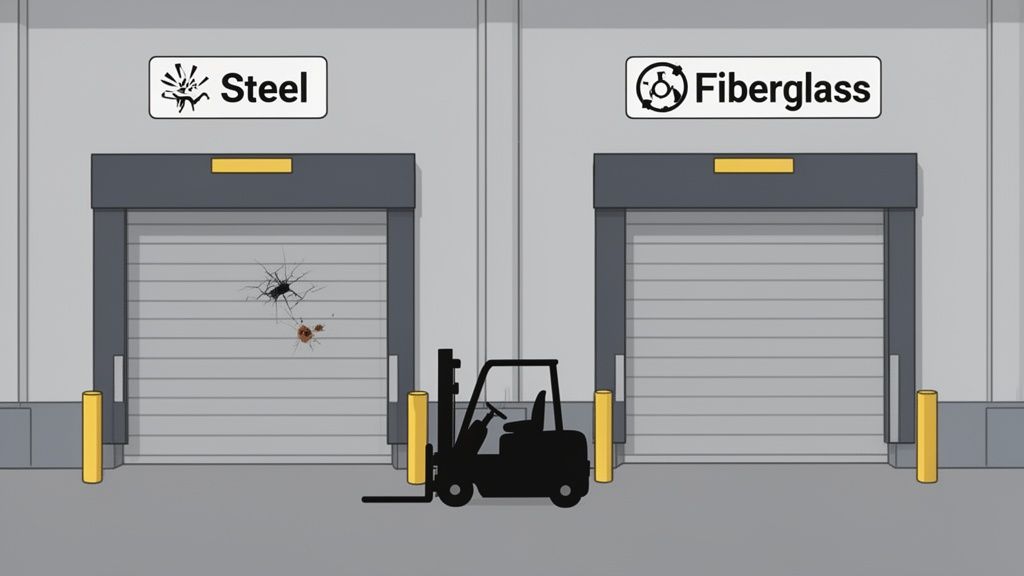 Forklift in front of damaged steel door and undamaged fiberglass door, comparing durability.
