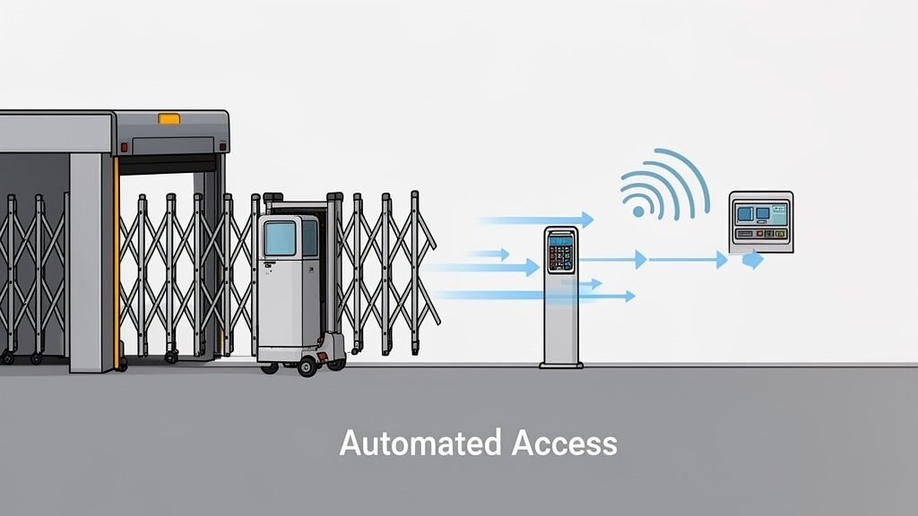 Automated folding security gate system with an access control panel and wireless communication.