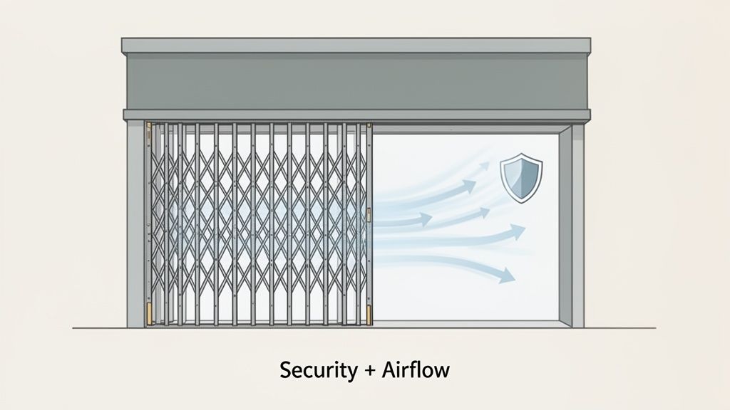 An illustration of a sliding security gate, partially closed, allowing airflow while providing security.