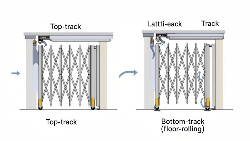 Comparison of top-track and bottom-track (floor-rolling) folding security gates, showing their mechanisms.