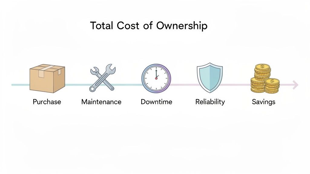 An infographic illustrating the Total Cost of Ownership components: Purchase, Maintenance, Downtime, Reliability, and potential Savings.