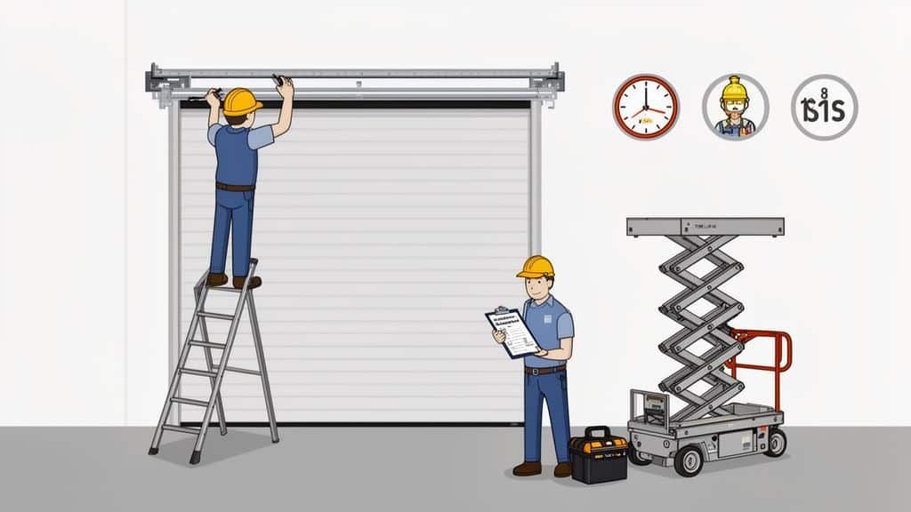 Two technicians installing or repairing a garage door. One on a ladder, another with a clipboard.
