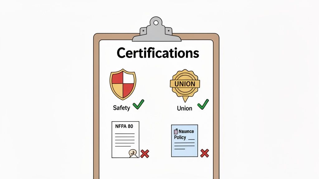 A clipboard showing certifications: Safety and Union are approved with green checks, while NFPA 80 and Naumce Policy are not approved with red X's.