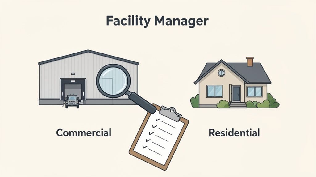 A facility manager inspects both commercial warehouse and residential house properties with a magnifying glass and checklist.