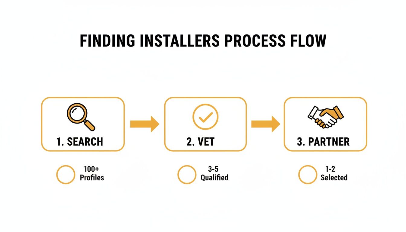 Process flow for finding installers: search 100+ profiles, vet 3-5 qualified, partner with 1-2 selected.