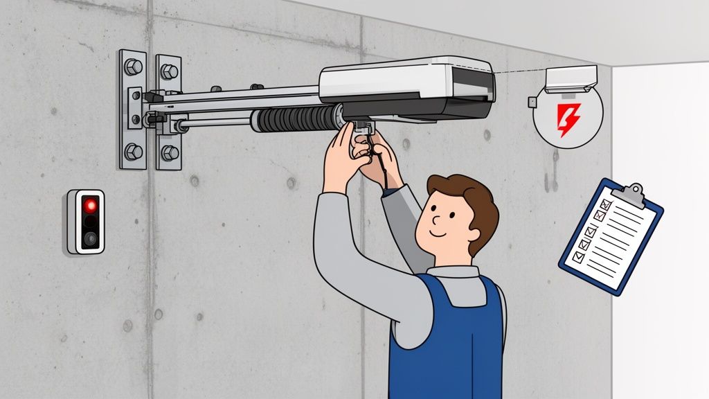 A man in blue overalls performs maintenance on a garage door opener system mounted on a concrete wall.